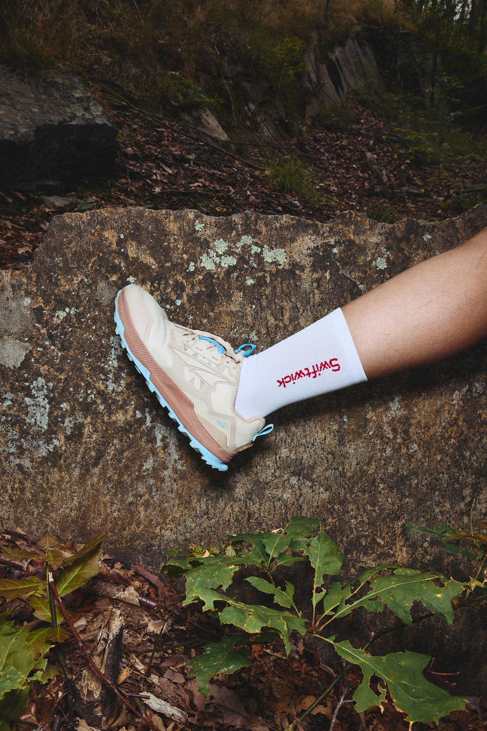A close-up of a hiking shoe and a sock with 'SANTA CRUZ' text, resting on a rock in a forested area.