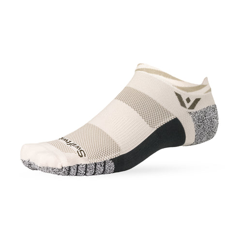 Low-cut beige Swiftwick athletic no-show sock with black arch support and grippy speckled toe and heel.