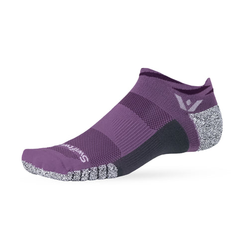 Purple low-cut athletic sock with black arch support, speckled non-slip sole and SWIFTWICK text on toe