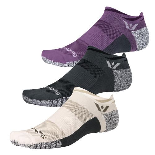 Three low-cut Swiftwick athletic socks in purple, black, and beige, textured heel and toe