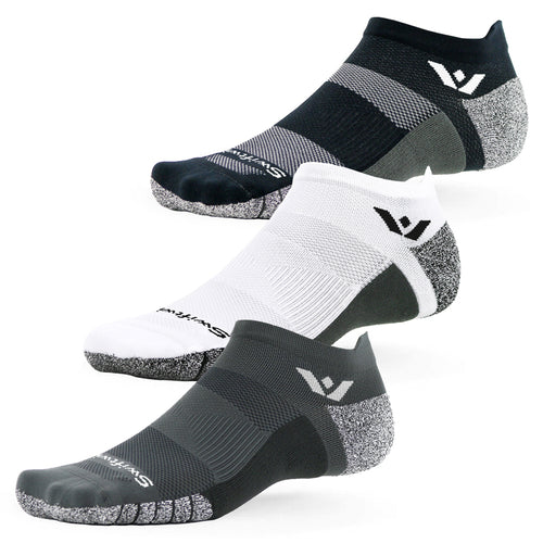Black, white, and gray no show socks on white background 