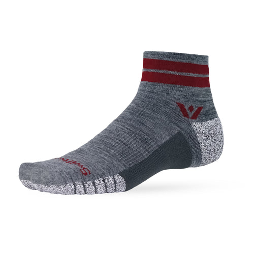 Gray ankle running sock with maroon double cuff stripes, maroon V logo at ankle, and speckled padded heel and toe.