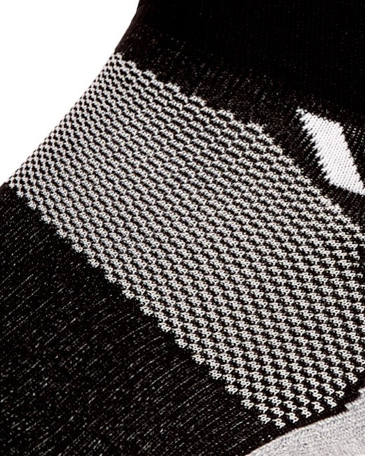 Close-up of a black sock showing textured fabric and design details.