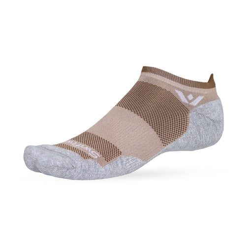 Low-cut SWIFTWICK athletic sock in tan and gray with mesh knit panels and cushioned gray toe and heel.