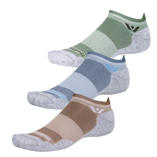 Three no-show athletic socks in green, blue, and tan with gray cushioned toes and patterned knit.