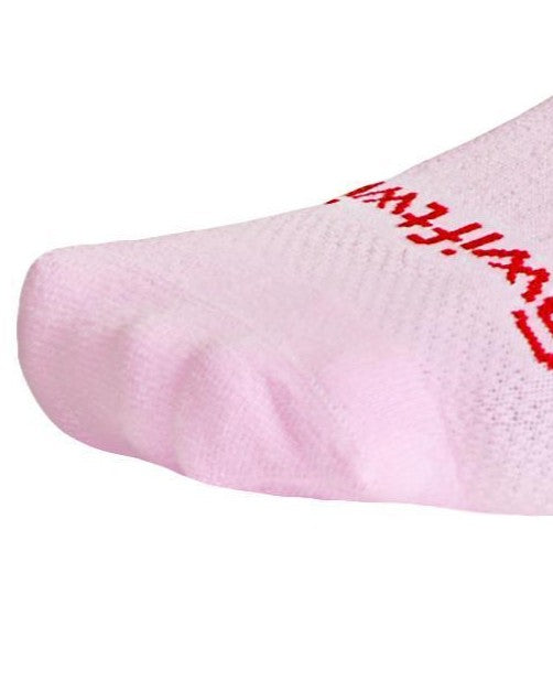 Close-up of the seamless toe box on a pink Swiftwick Vision Scallop sock.