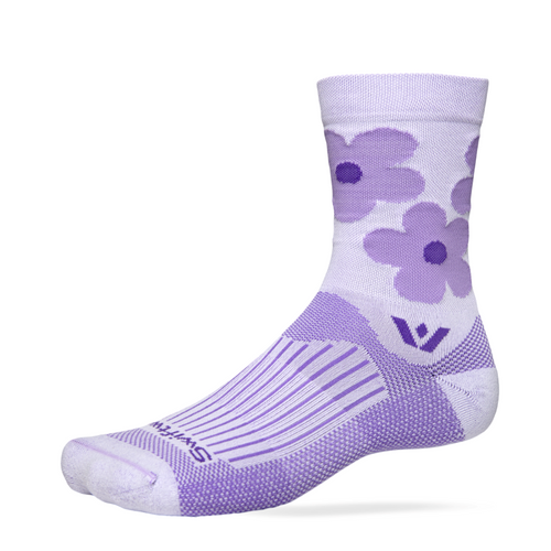 Low ankle gray-and-black Swiftwick performance running sock with knit compression zones and white logo