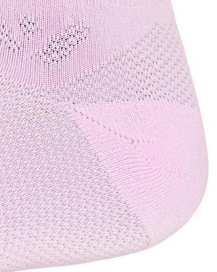 Close-up of the Y-shaped heel construction on a pink Swiftwick Vision Scallop sock.